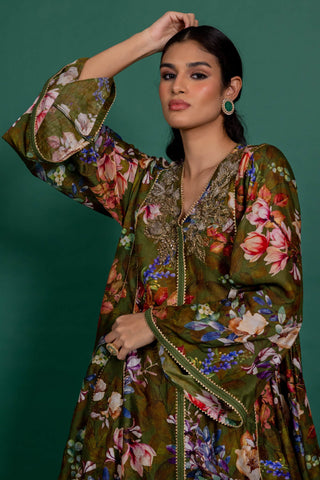 Varun Bahl-Olive Green Printed Tunic With Pants-INDIASPOPUP.COM