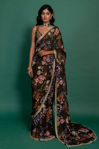 Varun Bahl-Olive Green Floral Printed Sari With Blouse-INDIASPOPUP.COM