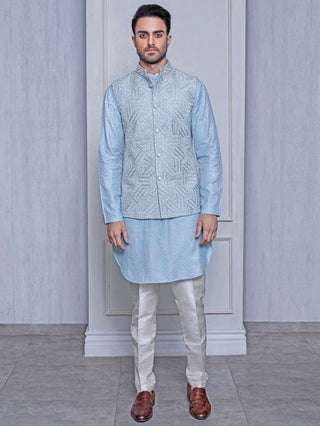 Arjun Kilachand-Frozen Blue Classic Bundi Set-INDIASPOPUP.COM