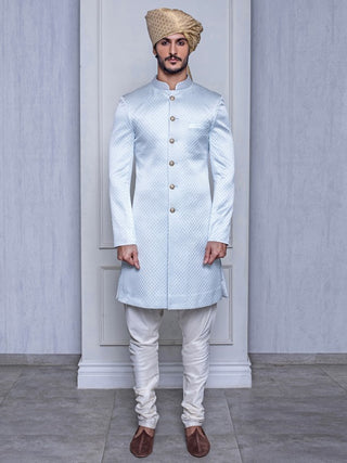 Arjun Kilachand-Frozen Blue Quilted Sherwani-INDIASPOPUP.COM