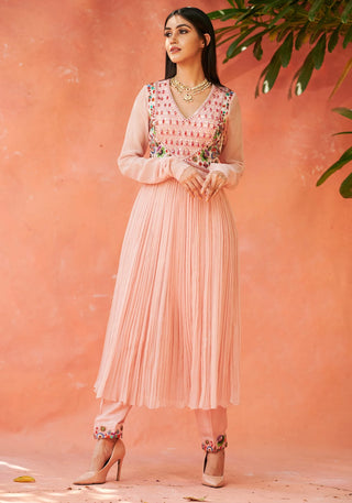 Aman Takyar-Light Pink Gathered Dress With Pants-INDIASPOPUP.COM