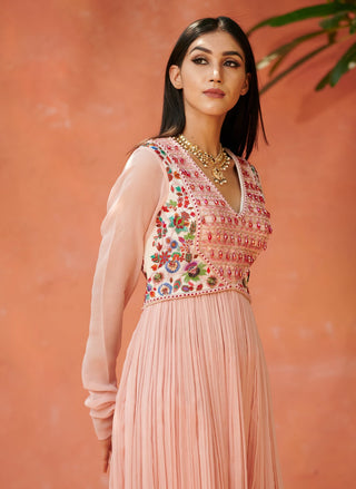 Aman Takyar-Light Pink Gathered Dress With Pants-INDIASPOPUP.COM
