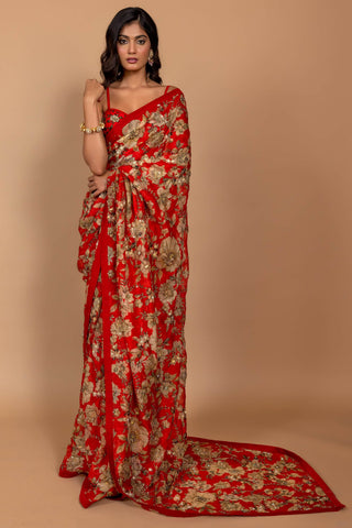 Varun Bahl-Red Floral Printed Sari Set-INDIASPOPUP.COM