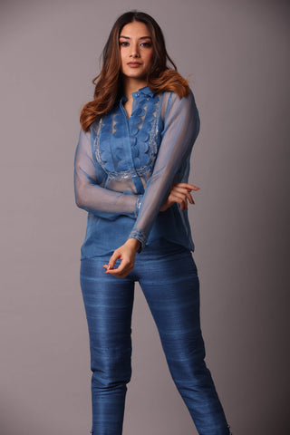 Disha Patil-Cobalt Blue Shirt With Bustier And Pant-INDIASPOPUP.COM