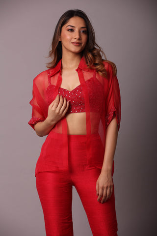 Disha Patil-Red Shirt With Bustier And Pant-INDIASPOPUP.COM
