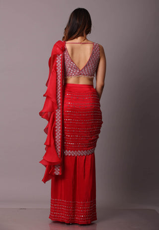 Disha Patil-Cherry Red Draped Sari With Blouse-INDIASPOPUP.COM