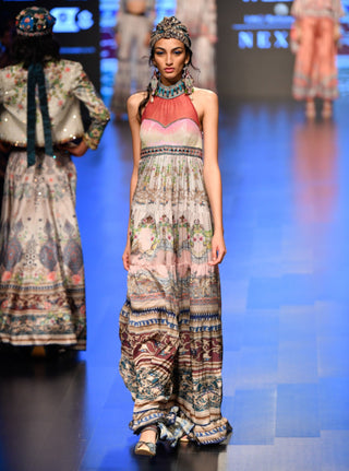 Rajdeep Ranawat-Slate Long Printed Tier Halter Dress-INDIASPOPUP.COM