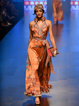 Rajdeep Ranawat-Orange Long Dress With Waist Draw Ties-INDIASPOPUP.COM