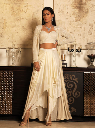 Niharika Kamani-Ivory Jacket & Dhoti Skirt With Bustier-INDIASPOPUP.COM