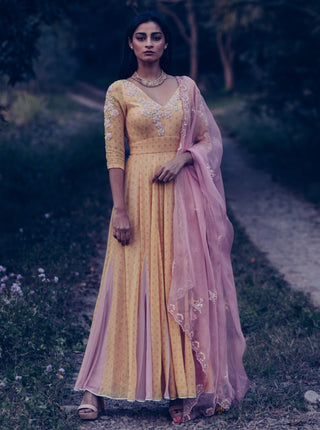 Madsam Tinzin-Yellow & Mauve Kalidar Kurta Set-INDIASPOPUP.COM