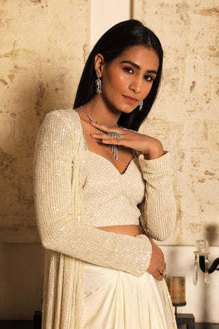 Niharika Kamani-Ivory Jacket & Dhoti Skirt With Bustier-INDIASPOPUP.COM