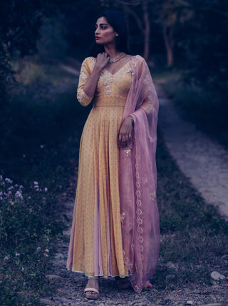 Madsam Tinzin-Yellow & Mauve Kalidar Kurta Set-INDIASPOPUP.COM