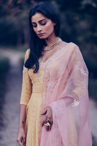 Madsam Tinzin-Yellow & Mauve Kalidar Kurta Set-INDIASPOPUP.COM