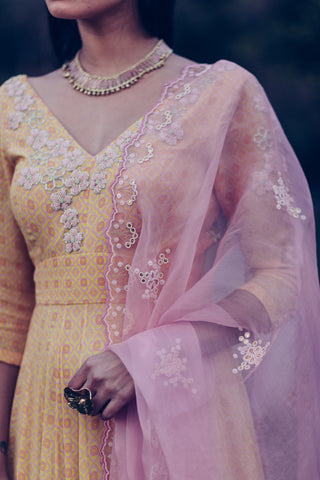 Madsam Tinzin-Yellow & Mauve Kalidar Kurta Set-INDIASPOPUP.COM