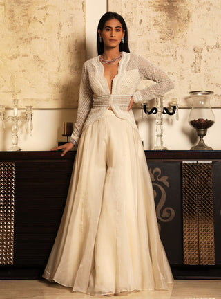 Niharika Kamani-Ivory Jacket & Bustier With Flair Pant-INDIASPOPUP.COM