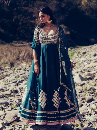 Madsam Tinzin-Forest Green Kalidar Kurta Set-INDIASPOPUP.COM