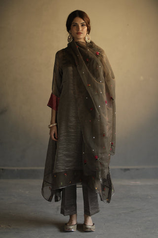 Begum Pret-Charcoal Grey A-Line Asymmetrical Kurta Set-INDIASPOPUP.COM