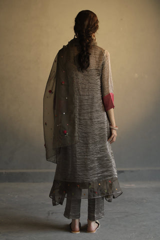 Begum Pret-Charcoal Grey A-Line Asymmetrical Kurta Set-INDIASPOPUP.COM
