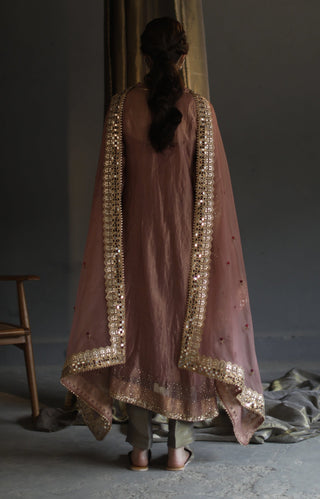 Begum Pret-Blush Peach A-Line Asymmetrical Kurta Set-INDIASPOPUP.COM