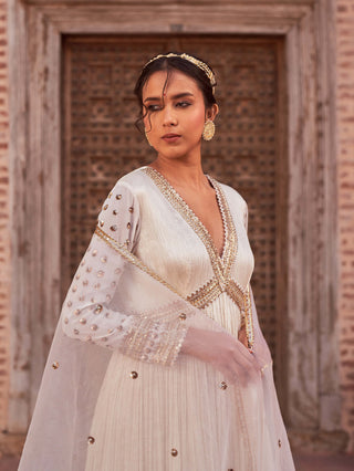 Nidhika Shekhar-Ivory Karwa Embroidered Anarkali With Dupatta-INDIASPOPUP.COM