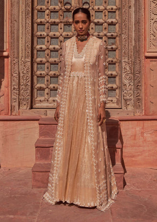 Nidhika Shekhar-Champagne Crinkled Anarkali And Cape-INDIASPOPUP.COM