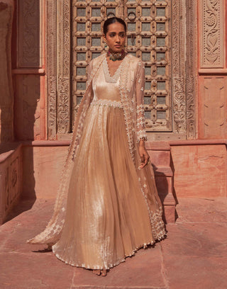 Nidhika Shekhar-Champagne Crinkled Anarkali And Cape-INDIASPOPUP.COM