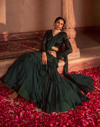 Nidhika Shekhar-Bottle Green Embroidered Lehenga Sari Set-INDIASPOPUP.COM