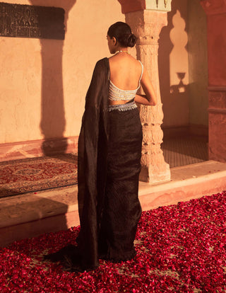 Nidhika Shekhar-Black Ivory Draped Sari Set-INDIASPOPUP.COM