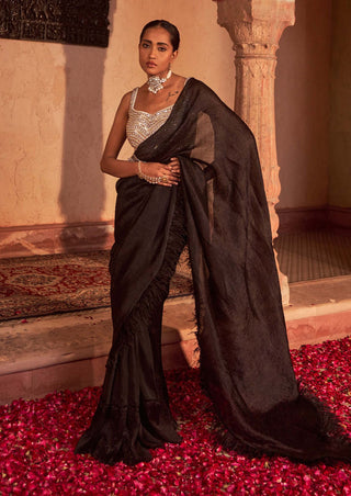 Nidhika Shekhar-Black Ivory Draped Sari Set-INDIASPOPUP.COM