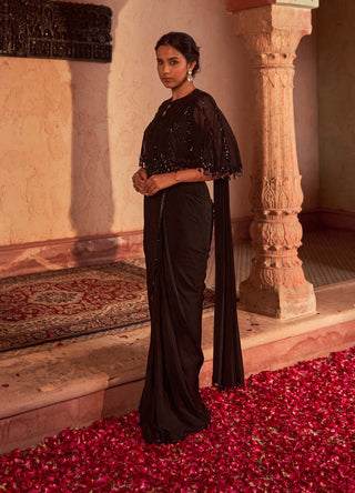 Nidhika Shekhar-Black Embroidered Sari And Cape Set-INDIASPOPUP.COM