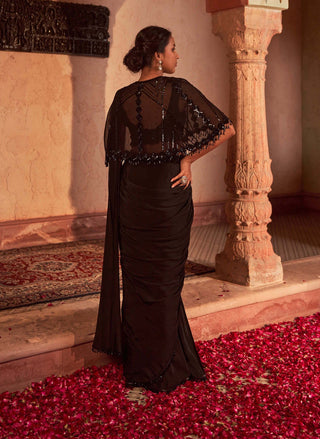 Nidhika Shekhar-Black Embroidered Sari And Cape Set-INDIASPOPUP.COM