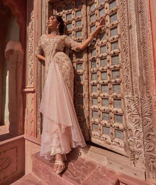 Nidhika Shekhar-Champange Embellished Draped Sari Set-INDIASPOPUP.COM