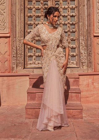 Nidhika Shekhar-Champange Embellished Draped Sari Set-INDIASPOPUP.COM