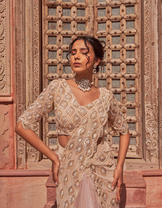 Nidhika Shekhar-Champange Embellished Draped Sari Set-INDIASPOPUP.COM