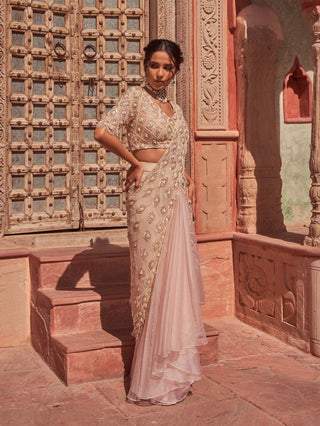 Nidhika Shekhar-Champange Embellished Draped Sari Set-INDIASPOPUP.COM
