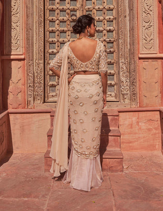 Nidhika Shekhar-Champange Embellished Draped Sari Set-INDIASPOPUP.COM
