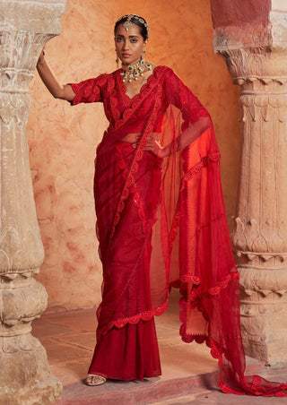 Nidhika Shekhar-Red Embroidered Draped Sari With Blouse-INDIASPOPUP.COM
