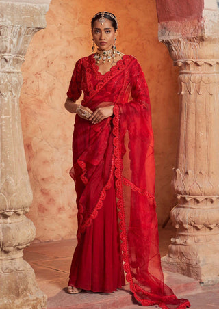 Nidhika Shekhar-Red Embroidered Draped Sari With Blouse-INDIASPOPUP.COM