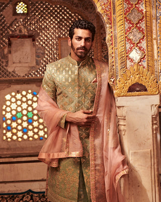 Itrh-Green Pink Gota Patti Sherwani Set-INDIASPOPUP.COM