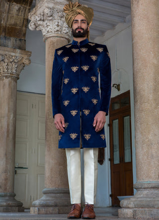 Arjun Kilachand-Indigo Velvet Embroidered Sherwani-INDIASPOPUP.COM
