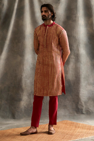 Red Linen Kurta With Pants