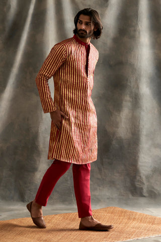 Red Linen Kurta With Pants