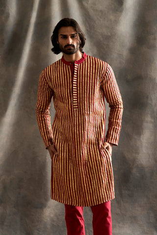 Red Linen Kurta With Pants