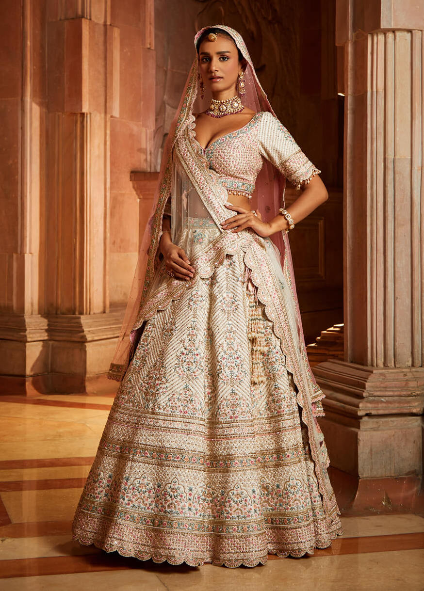 Ivory Tafetta Lehenga Choli Set with a Tulle Dupatta and Optional Bandhej Second Dupatta