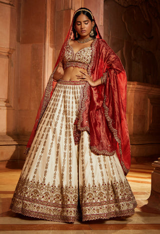 Nitika Gujral-Ivory Tafetta Bridal Lehenga Choli Set With Red Dupatta-INDIASPOPUP.COM