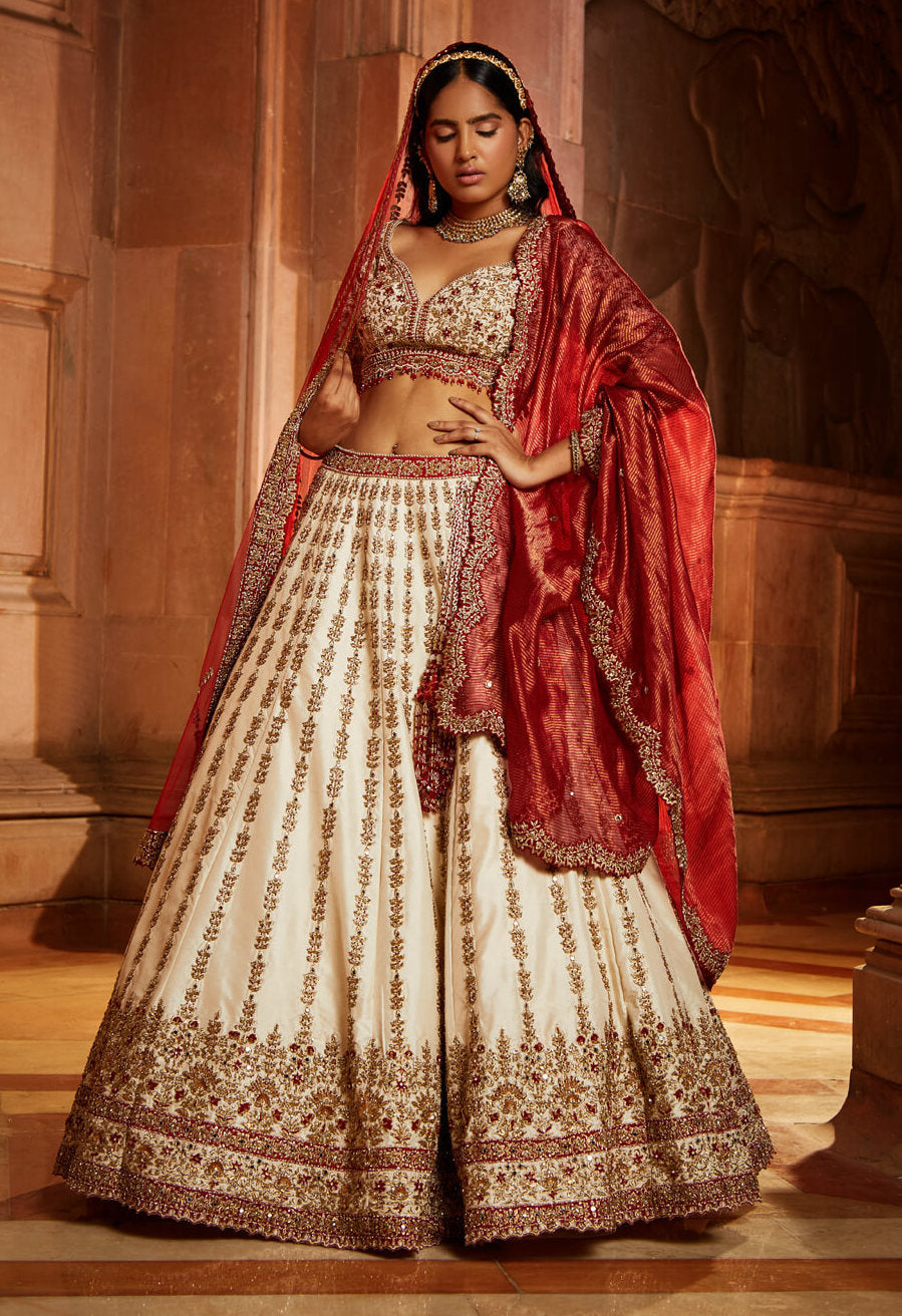 Ivory Tafetta Lehenga Choli Set with Two Tulle Dupattas