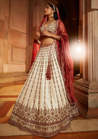 Nitika Gujral-Ivory Tafetta Bridal Lehenga Choli Set With Red Dupatta-INDIASPOPUP.COM