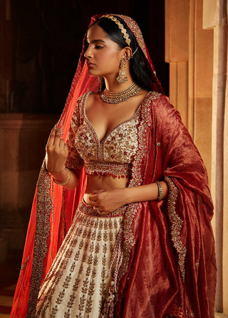Nitika Gujral-Ivory Tafetta Bridal Lehenga Choli Set With Red Dupatta-INDIASPOPUP.COM