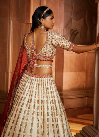 Nitika Gujral-Ivory Tafetta Bridal Lehenga Choli Set With Red Dupatta-INDIASPOPUP.COM