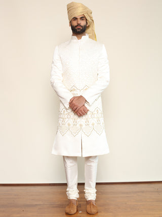 Arjun Kilachand-Ivory Geometric Embroidered Sherwani-INDIASPOPUP.COM